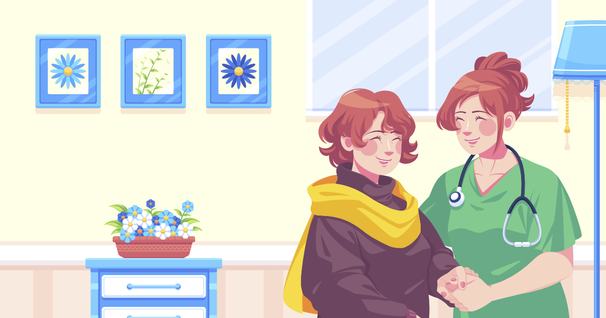 Ilustración de atención médica domiciliaria - médico visitando paciente en casa